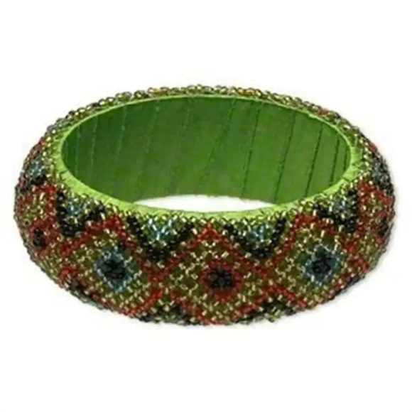 Hand Crafted India Beaded Bangle Bracelet Green Multi Color Pattern Fair Trade - Picture 1 of 1